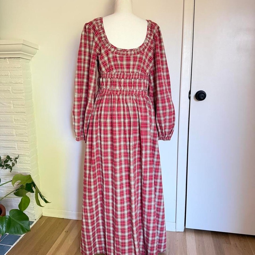 Damson Madder red and white plaid maxi dress with black velvet ribbon detail - Picture 3 of 6